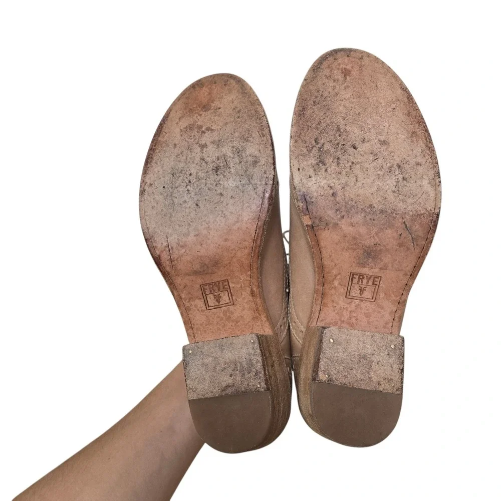 Frye Jillian Oxford Heels Womens Size 10B Tan Leather Wingtip Brogue Block Heel